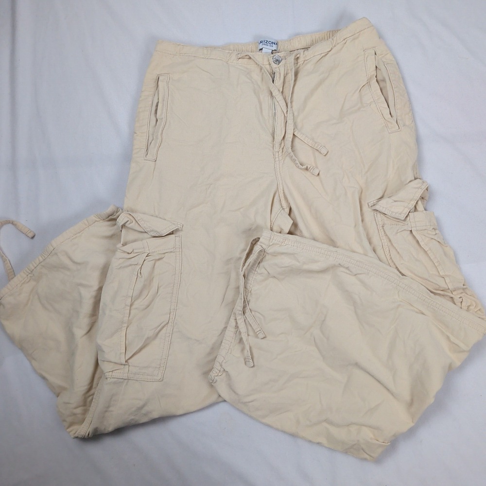 Y2K Wide Leg Corduroy Cargo Pants Beige Tan Sz 14 Baggy Streetwear Skater Pocket